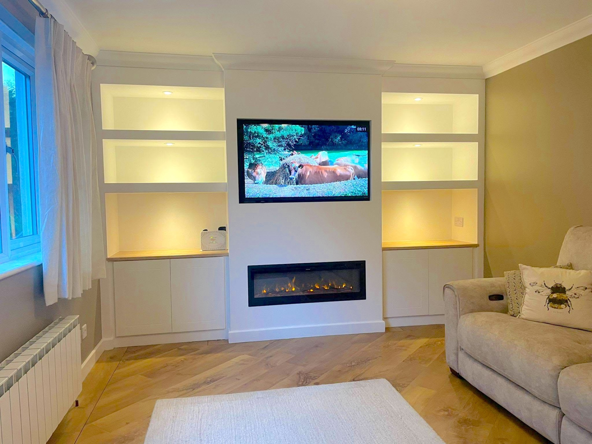 Media wall with inset fireplace, shelving and cabinets, Jersey